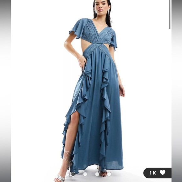 ASOS DESIGN satin ruffle flutter sleeve maxi dress with cut out waist in blue 14 - Picture 1 of 4